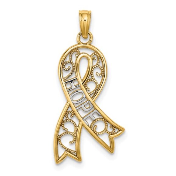 14k Two-Tone Yellow with White Rhodium Gold Filigree Hope Ribbon Necklace Charm - Picture 2 of 9